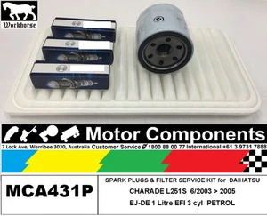 SPARK PLUG & FILTER SERVICE KIT for DAIHATSU CHARADE L251S EJ-DE 1L	6/03>2005S - Picture 1 of 3