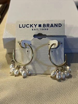 Lucky Brand Gold-Tone Imitation Pearl Charm C-Hoop Earrings NWT - Image 1 of 3