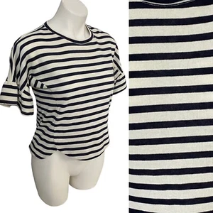 Copper Key Top Womens Medium Blue Breton Stripe Nautical Coastal Ruffle Sleeve - Picture 1 of 14