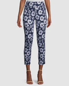 $195 Joan Vass Women's Blue Petite Floral-Print Slim Pants Petite Size 2P - Picture 1 of 3