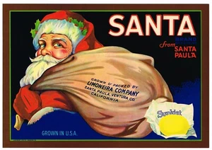 ETICHETTA CASSA ORIGINALE BABBO NATALE VINTAGE SANTA PAULA VENTURA CALIFORNIA C1930S Q9 - Foto 1 di 1