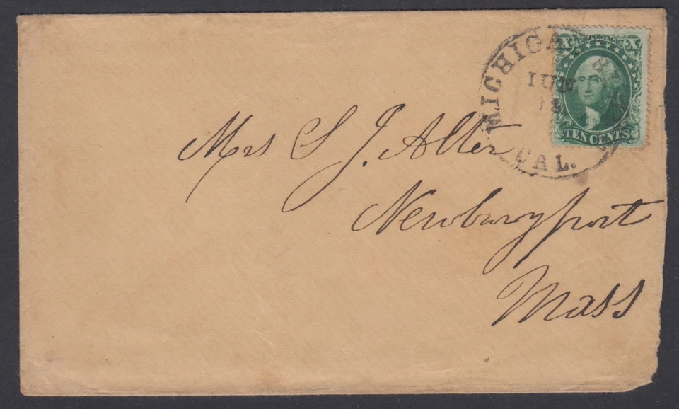 Sello 1857-61 edición 10c tipo III (Scott 33) Michigan Bluff, CA a Newburyport MA Foto 1 de 1