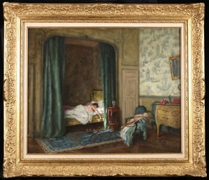 LEONCE DE JONCIERES (1871-1947) LARGE SIGNED FRENCH OIL - NUDE IN HER BOUDOIR - Picture 1 of 13
