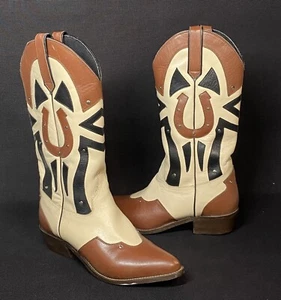 ACME Western Cowboystiefel hellbraun schwarz braun Hufeisen Overlay Nieten Damen 6,5 - Bild 1 von 11