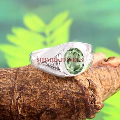 Natural Green Amethyst Gemstone with 18K White Gold Plated Silver Men Ring #191 - Image 1 of 4