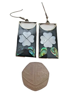 Retro Alpaca Mexico Signed Abalone Black Enamel Floral Leaf Dangly Drop Earrings - Picture 1 of 14