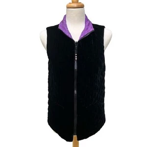 Coldwater Creek Vest Sz S Velvet Silk Reversible Zip Black Purple Quilted Mature - Picture 1 of 15