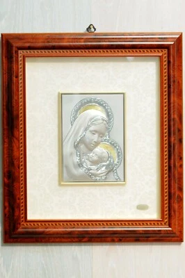 QUADRO MADONNA icona in argento 925 con particolari dorati e cornice in legno - Immagine 1 di 4