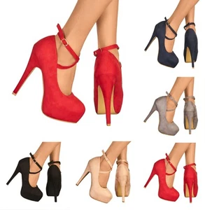 ZAPATOS DE MUJER DE PLATAFORMA DE GAMUZA TACONES ALTOS CORREA CRUZADA NOCHE FIESTA - Imagen 1 de 11