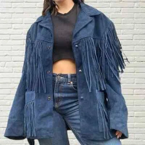 Ladies Native American Western Cowboy Leather Jacket Leather Fringe & Beaded - Picture 1 of 5