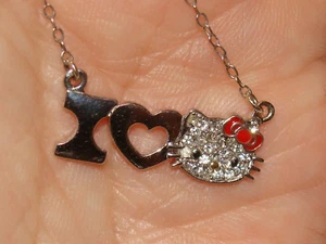 HELLO KITTY SANRIO  STERLING SILVER  I LOVE HK FACE  PAVE CRYSTAL Necklace 18"L - Picture 1 of 12