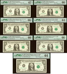 7 Matching Radar Serial Numbers - 1974, 1988A, 1993 $1 FRN PMG 67EPQ 62677626 - Picture 1 of 15