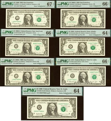 7 Matching Radar Serial Numbers - 1974, 1988A, 1993 $1 FRN PMG 67EPQ 62677626 - Image 1 of 4