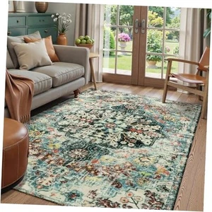Bohemian Floral Medallion Area Rug - 5x7 Teal Large Washable Rugs for Living - Picture 1 of 8