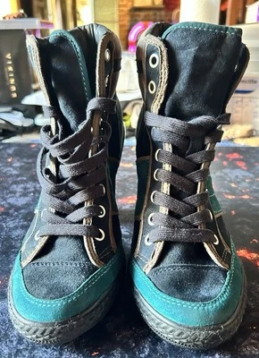 CHAUSSURES FEMME CUIR NUBUK MONTANTES À LACETS ASH LIMITED BLEU T38 A TALONS TBE - Photo 1/4