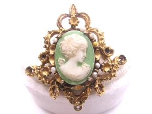 Broche camafeo genuino Florenza verde salvia vintage firmado PIEDRAS FALTANTES 0307 - Imagen 1 de 10