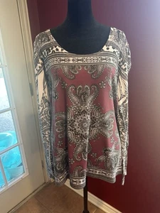 Top Cache XL bordeaux paisley stampa mista manica lunga stile boho made in USA - Foto 1 di 9