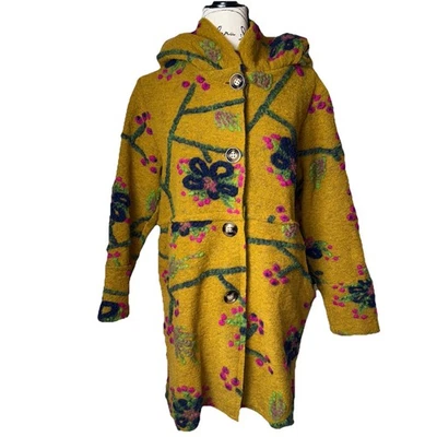 Camille & Co Felt Wool Blend Floral Women Coat Mustard Small Artsy Made in Italy - Image 1 of 4