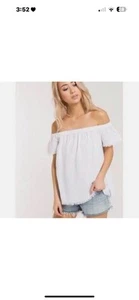 Anthropologie Cloth & Stone Shirt White Fringe Blouse Off Shoulder Sz L Anthro - Picture 1 of 4