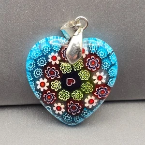 Murano Style Millefiori Glass Heart Pendant 1.25" Multicolor Floral 18k GP Bail - Imagen 1 de 5