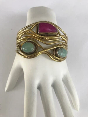 Stunning Peridot Ruby Amazonit Cuff Bracelet Made in India Gorgeous Statement  - Image 1 of 4