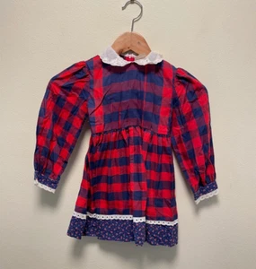 Vintage Youngland Girls Dress Size 4 Red Blue Plaid Ruffle Cottagecore Prairie - Picture 1 of 9
