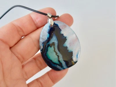 Прозрачный синий агат подвеска с 18 дюймов 2 мм черный кожаный шнур ожерелье   - Изображение 1 из 4