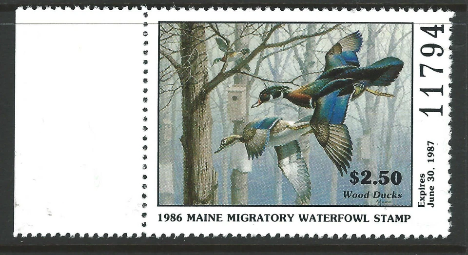 ME-3, 1986 Maine Duck Stamp, $2.50 Wood Ducks - Image 1 of 1