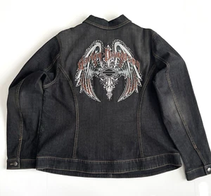 Harley Davidson Motorcycle Embellished Denim Jacket Size 1 W Embroidered Logo - Picture 1 of 16