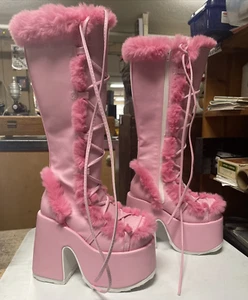 DEMONIA CAMEL-311 Faux Fur Heel Platform Baby Pink Women's Knee Boots Size 6 - Picture 1 of 24