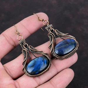 Labradorite Jewelry Copper Bestie Gift Wire Wrapped Drop/Dangle Earrings 2.87" - Picture 1 of 7