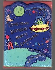 Alien UFO Birthday Party Invitations, 10 Ct Vintage Earthling Blue Metallic Gold - Picture 1 of 2
