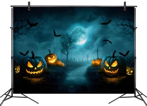 Fondo de vinilo de Halloween de murciélago negro espeluznante calabaza aterradora de 10x8 pies - Imagen 1 de 11
