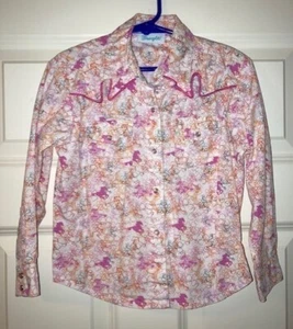 Girl's Wrangler Cowgirl Pearl Snap Horse Themed Pink Western Shirt Size XS/4 EUC - Picture 1 of 3