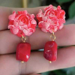 Handmade coral hibiscus flower earrings + red coral pendant Clip-on Modern - Picture 1 of 5