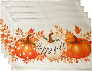 4 PCS Fall Placemats, Pumpkin Maple Leaf, Cotton Linen Woven, Heat-Insulated - Picture 1 of 8