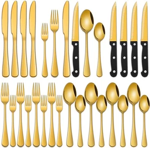24-Piece Gold Silverware Set with Steak Knives,Golden Flatware Sets Service For - Picture 1 of 7