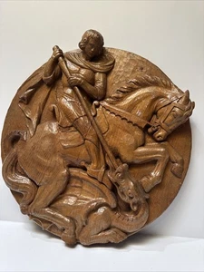 Antike Heiliger Georg Holzschnitzerei Skulptur 17 Zoll 19. 20. Jahrhundert Drache Pferd - Bild 1 von 20