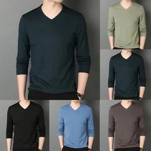 Slim Fit V Neck Long Sleeve TShirt Muscle Tee Activewear Top Dark Green Black - Picture 1 of 16