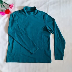 LL Bean Base Layer Turtleneck Top Womens Sz L Blue-Green/ Aqua Undershirt Cotton - Picture 1 of 12
