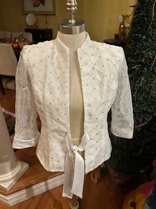 R&M Richards Women White Jacket 6 Petite w/ Sequin bling& sheer sleeves - Picture 1 of 8