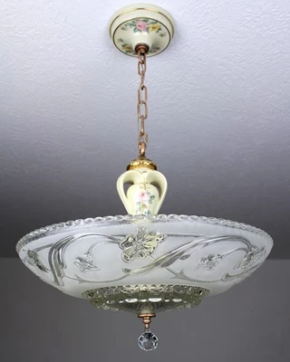 Candelabro antigo vintage anos 30 art déco repolho rosa luz de teto - Imagem 1 de 4