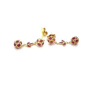14K Yellow Gold Bezel Round & Marquise Ruby Round Dangling Ball & Leaf Earrings - Picture 1 of 13