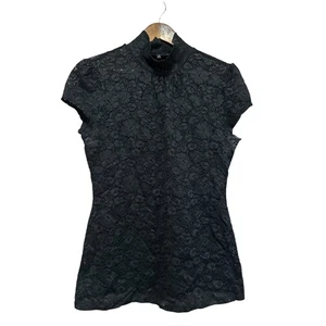 Blusa de fiesta Express negra de encaje cuello falso manga corta elegante mediana - Imagen 1 de 6