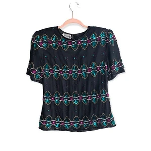 Vtg Stenay Black Pink Green Floral Silk Beaded Sequin Evening Blouse Sz Medium - Picture 1 of 8