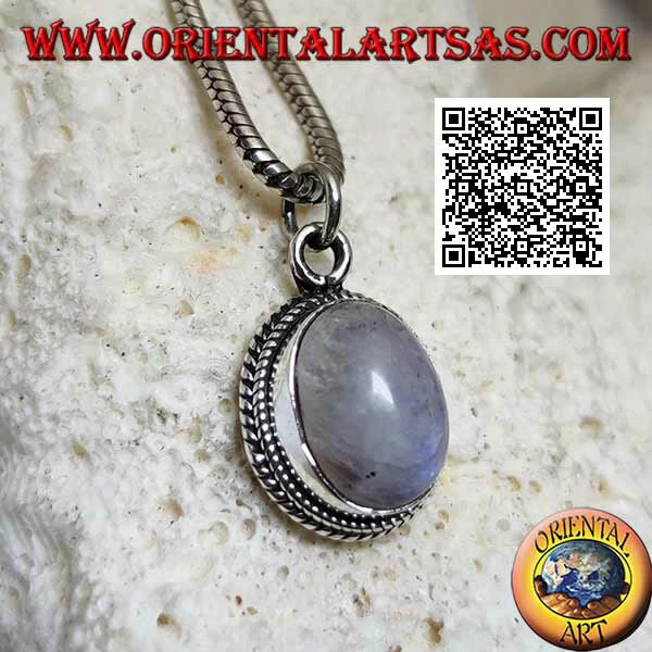 Ciondolo in argento 925‰ pietra di luna ovale arcobaleno con intreccio - Immagine 1 di 1