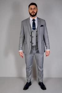 Mens Suit Light Grey Three 3 Piece Wedding Racing Prom Groom Formal - Picture 1 of 22