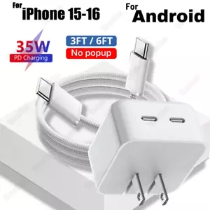 35W Fast Wall Charger Brick USB C Type C Cable For Android iPhone 15 16 Samsung - Picture 1 of 14
