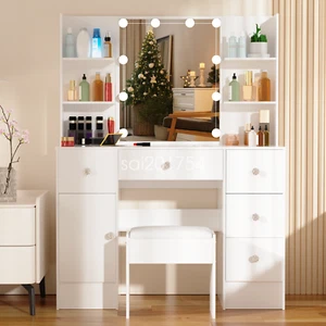 Schminktisch 5 Schublade Make-up Frisiertisch mit Hocker und Dimmbar LED-Spiegel - Bild 1 von 12
