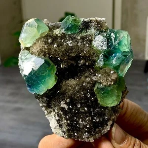 361G Rare Transparent blue-green Cube Fluorite Mineral Crystal Specimen/China - Foto 1 di 22